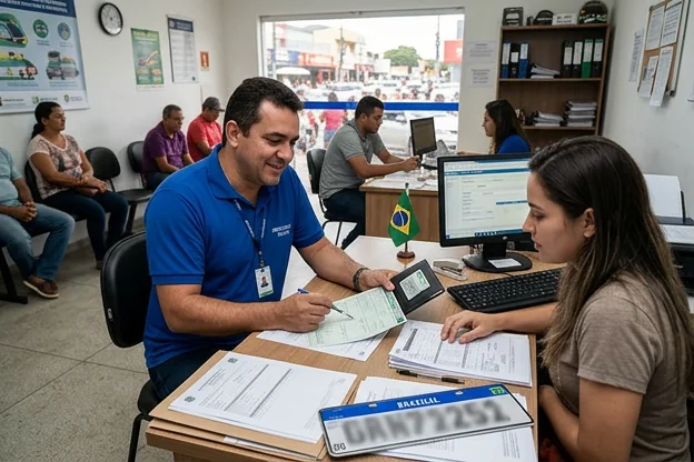 Despachante auxiliando no passo a passo para emplacamento.